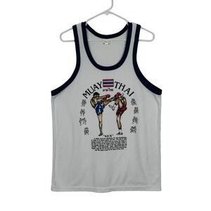 Vintage Muay Thai Tank Top Men LARGE Kickboxing Graphic Athletic Gym Cotton